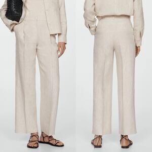 MNG by Mango Beige 100% Linen Straight Wide Leg Pleated Trousers Pants Size 14
